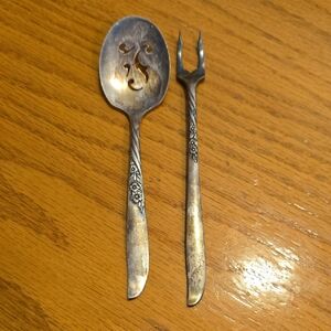 VTG WM A. Rogers Oneida Ltd 1958 Wildwood Silverplated Jelly Spoon & Olive Fork